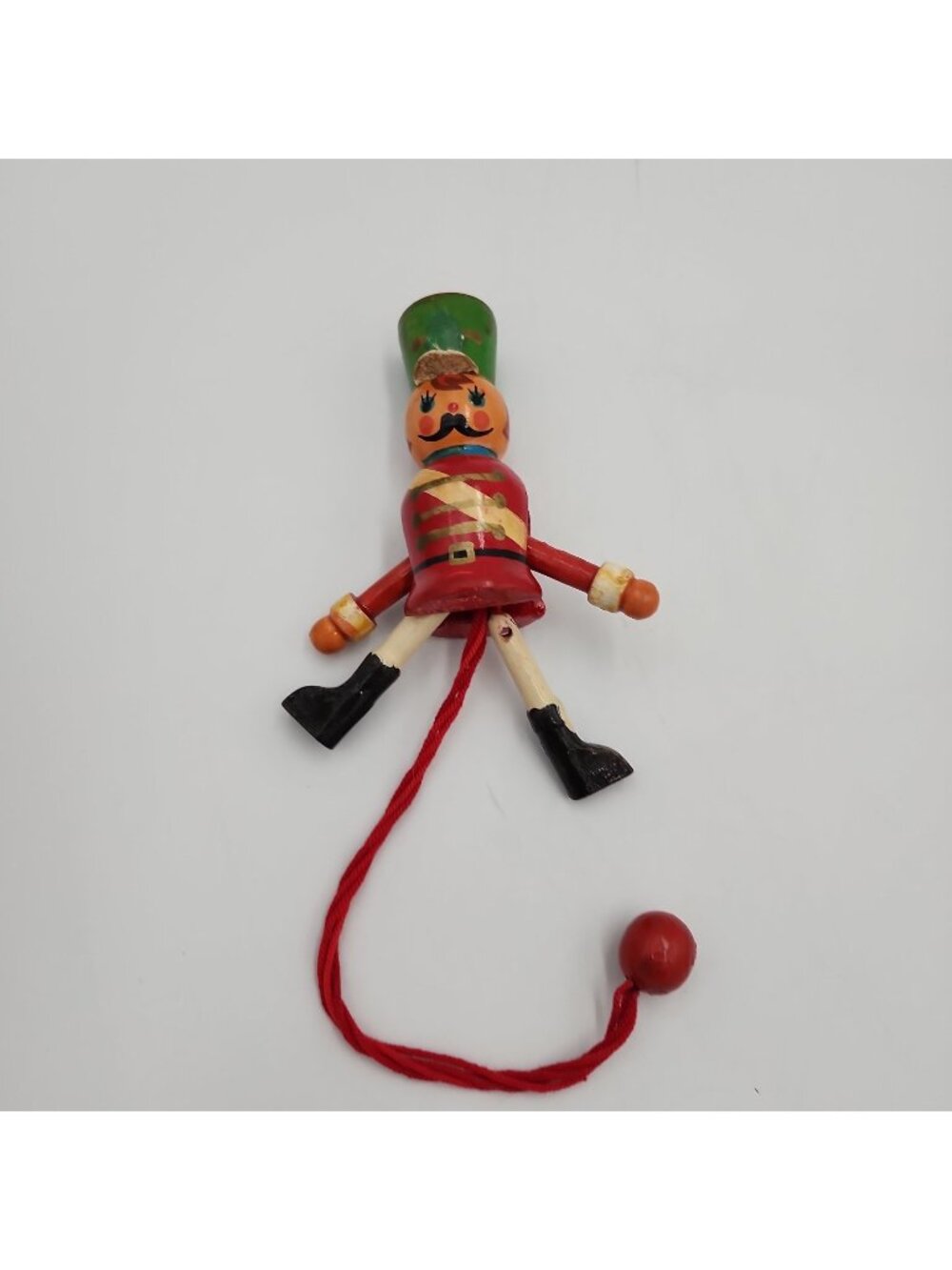 Vintage Pull String Christmas Soldier Ornament Hand Painted Wood Articulated 5"